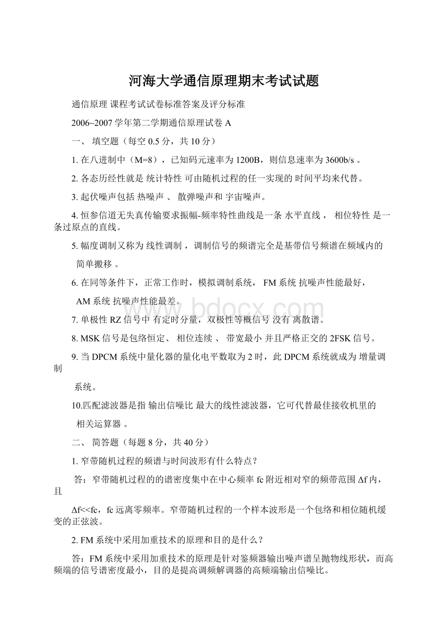 河海大学通信原理期末考试试题.docx