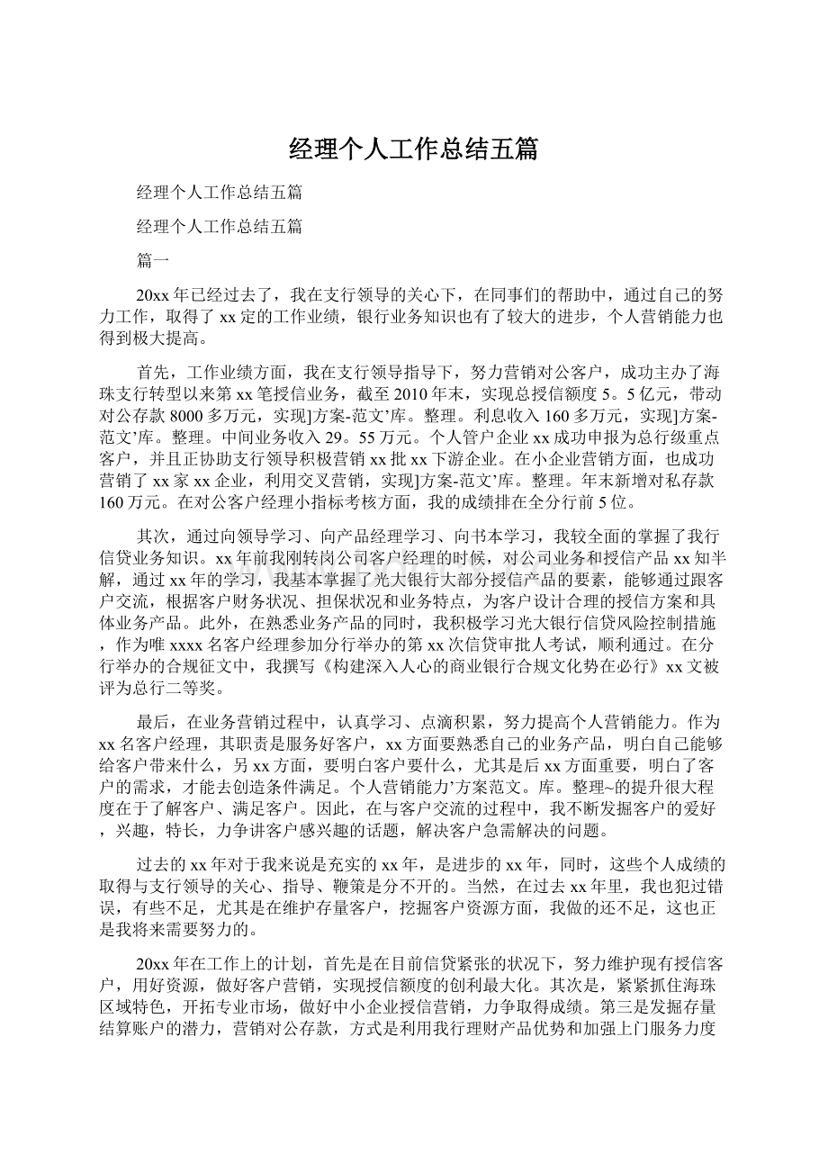 经理个人工作总结五篇文档格式.docx