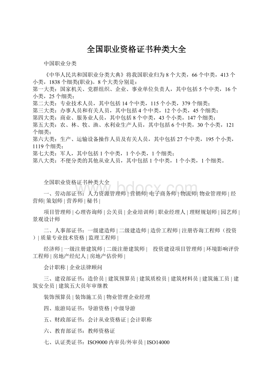 全国职业资格证书种类大全Word文档下载推荐.docx