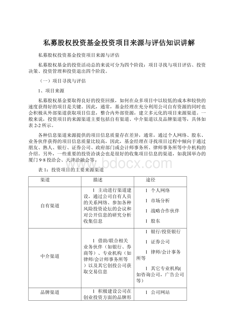 私募股权投资基金投资项目来源与评估知识讲解.docx_第1页