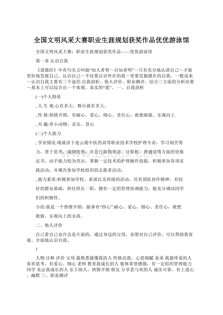 全国文明风采大赛职业生涯规划获奖作品优优游泳馆.docx_第1页