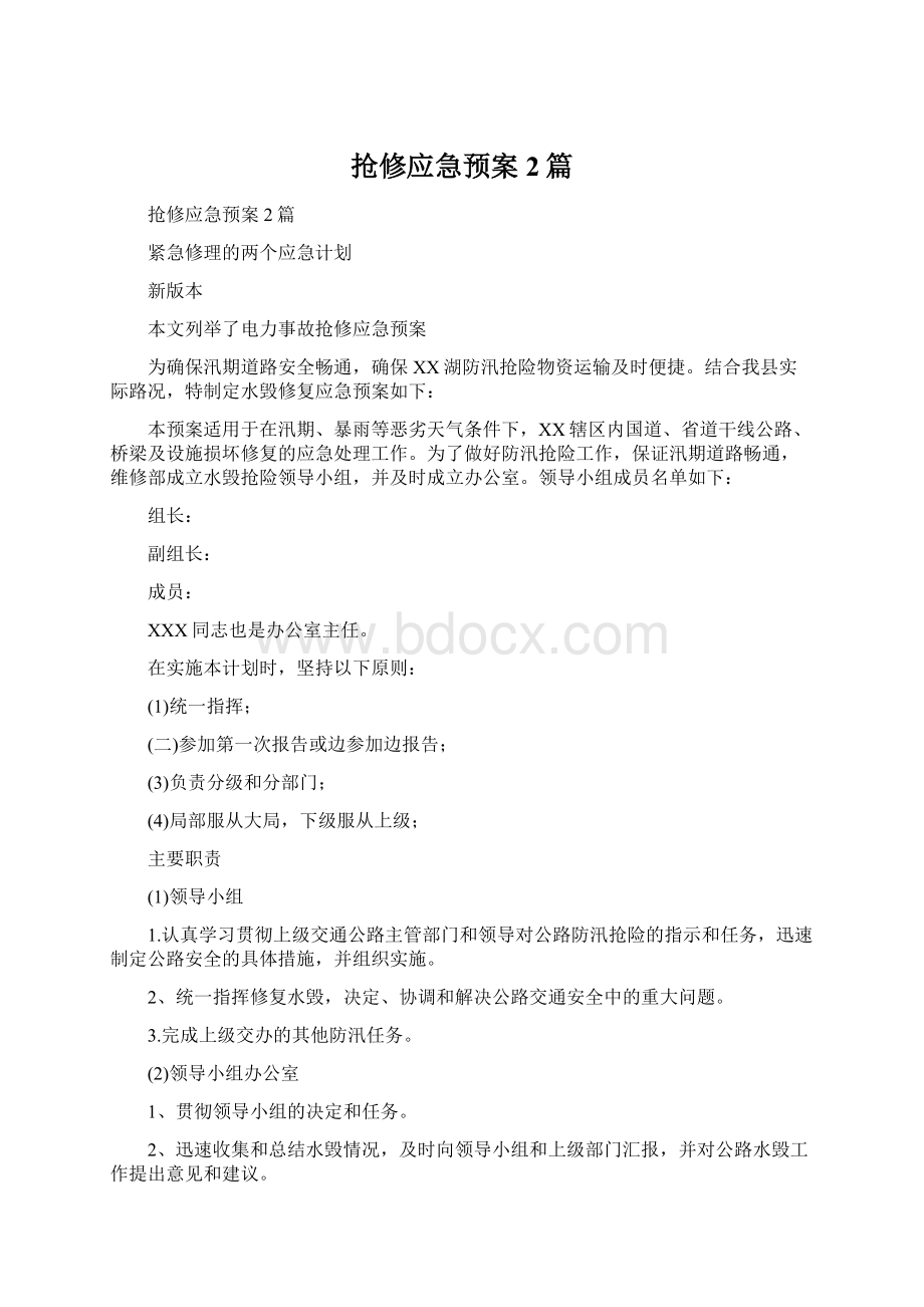 抢修应急预案2篇文档格式.docx