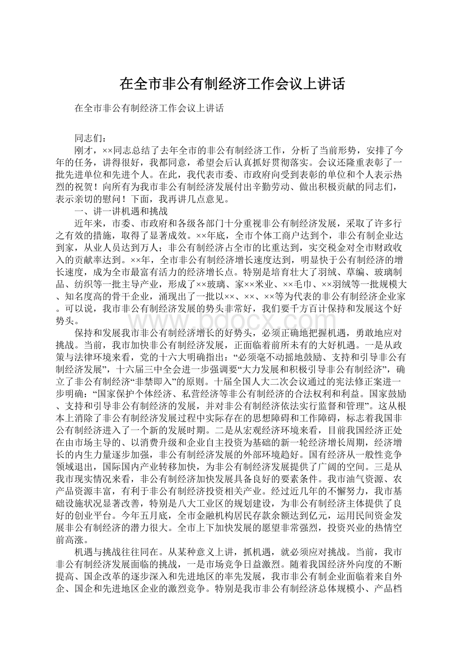 在全市非公有制经济工作会议上讲话Word文档格式.docx