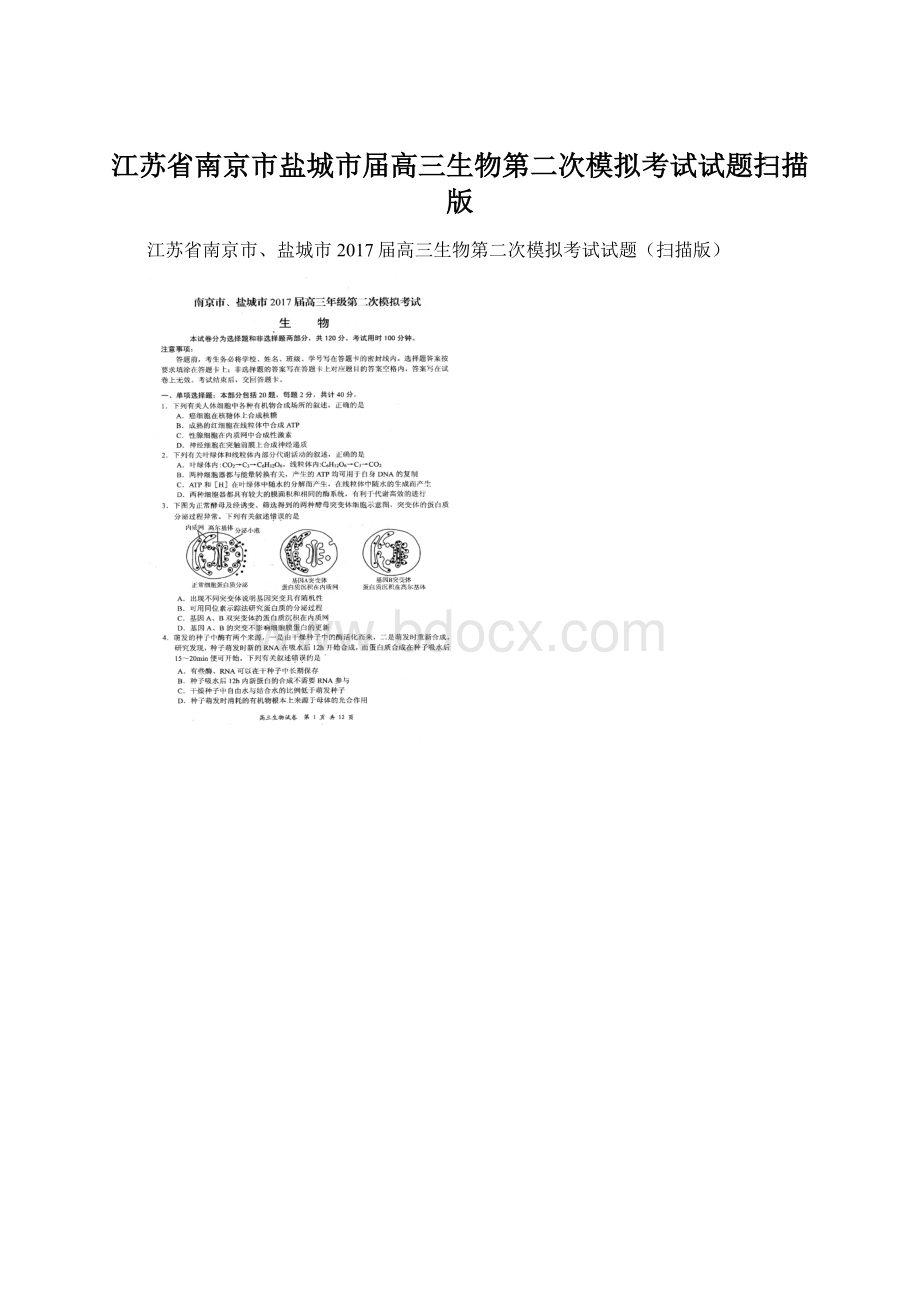 江苏省南京市盐城市届高三生物第二次模拟考试试题扫描版Word文档格式.docx_第1页