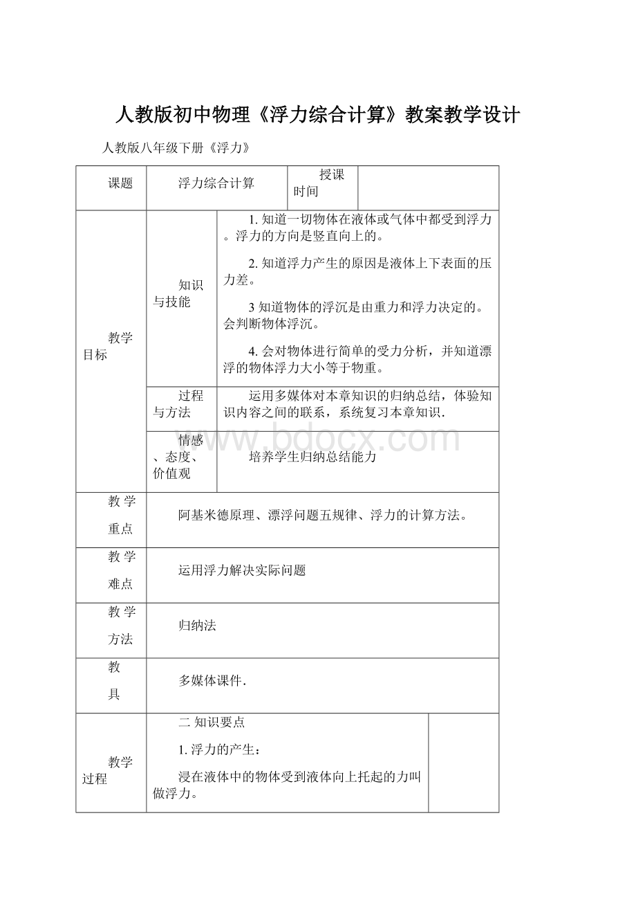 人教版初中物理《浮力综合计算》教案教学设计.docx