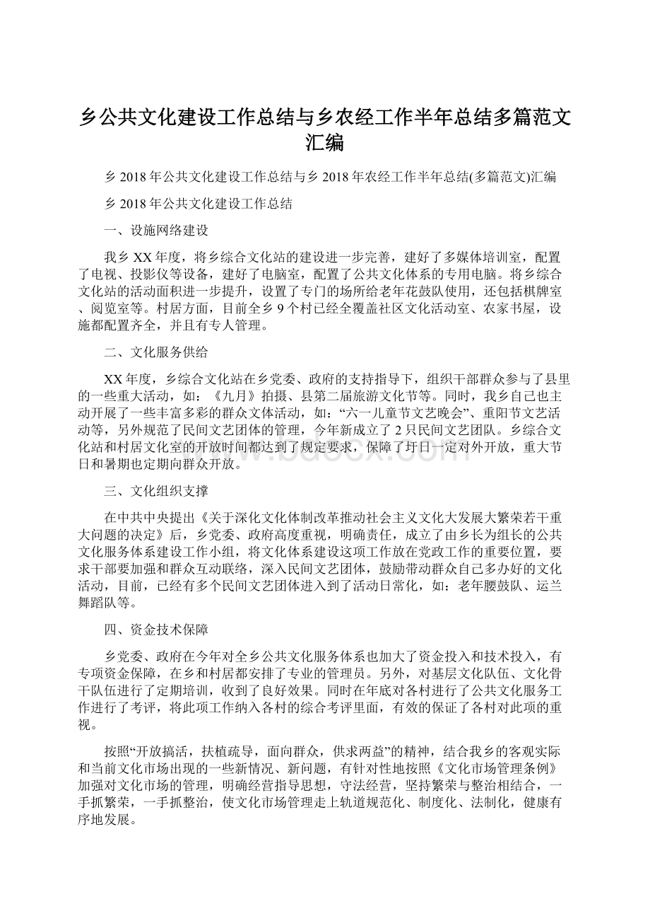 乡公共文化建设工作总结与乡农经工作半年总结多篇范文汇编.docx