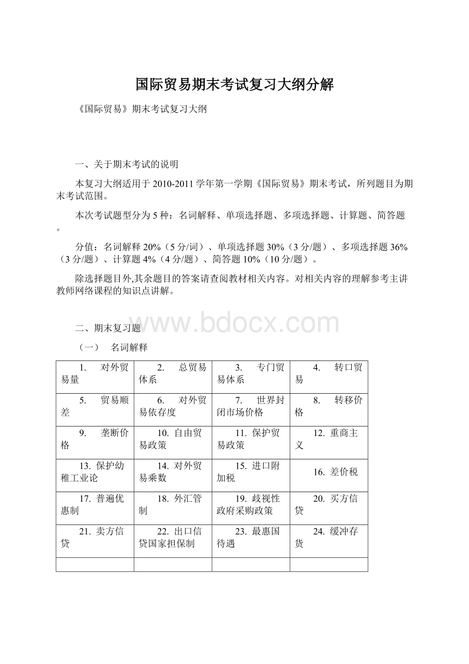 国际贸易期末考试复习大纲分解.docx