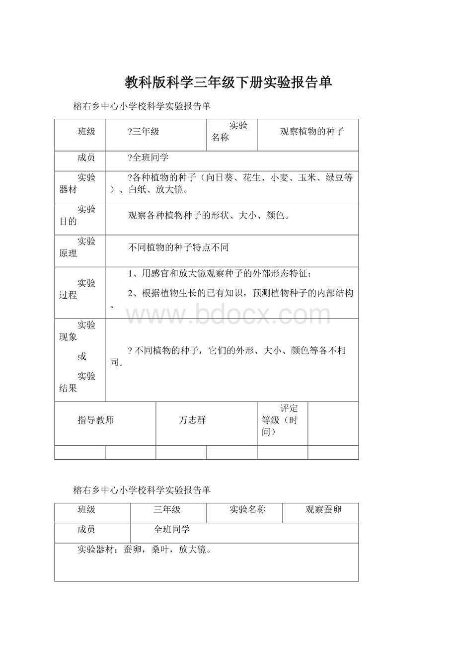 教科版科学三年级下册实验报告单Word文档下载推荐.docx