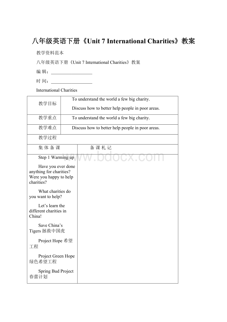 八年级英语下册《Unit 7 International Charities》教案.docx