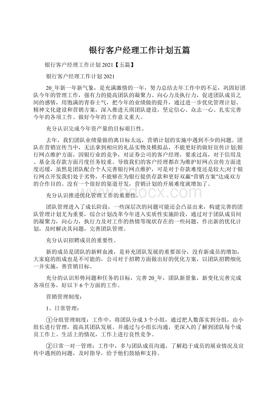 银行客户经理工作计划五篇.docx