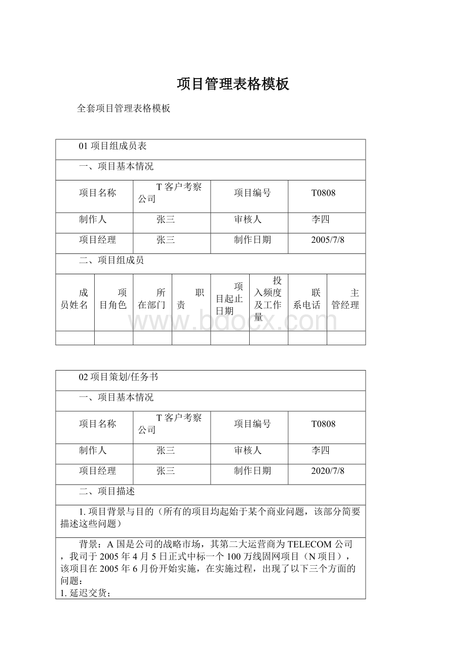 项目管理表格模板Word文档格式.docx_第1页