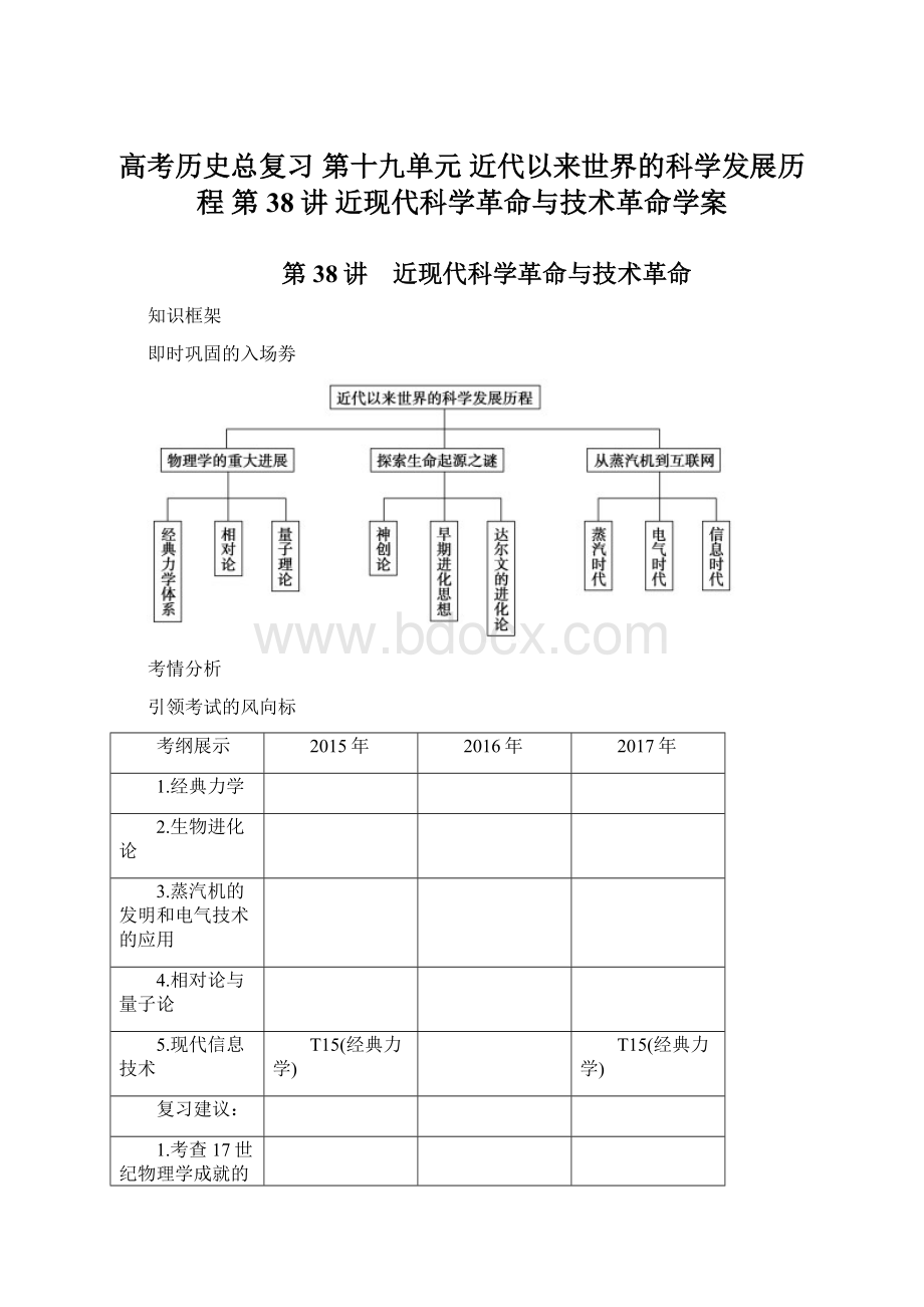 高考历史总复习 第十九单元 近代以来世界的科学发展历程 第38讲 近现代科学革命与技术革命学案Word下载.docx_第1页