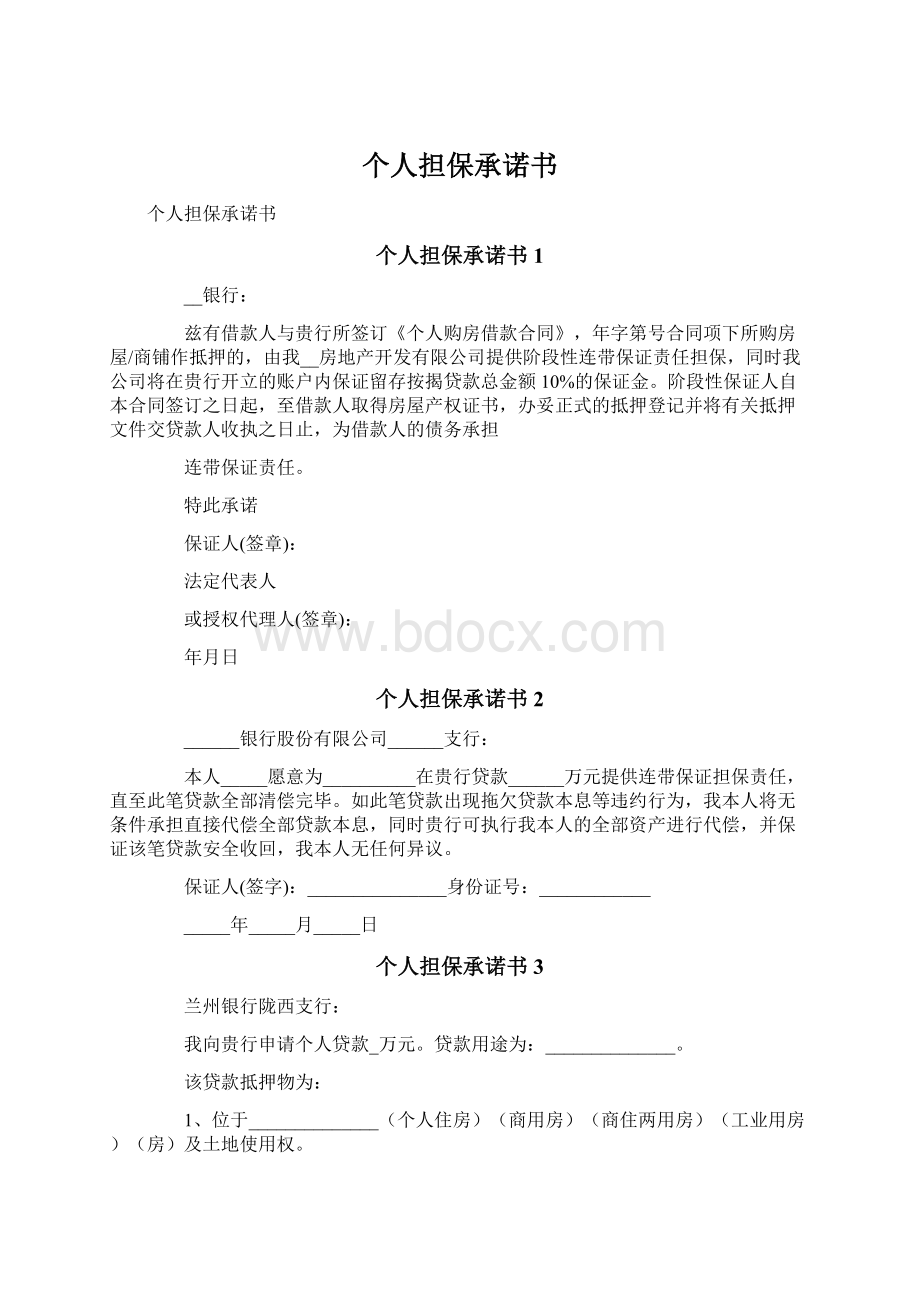 个人担保承诺书Word文档下载推荐.docx