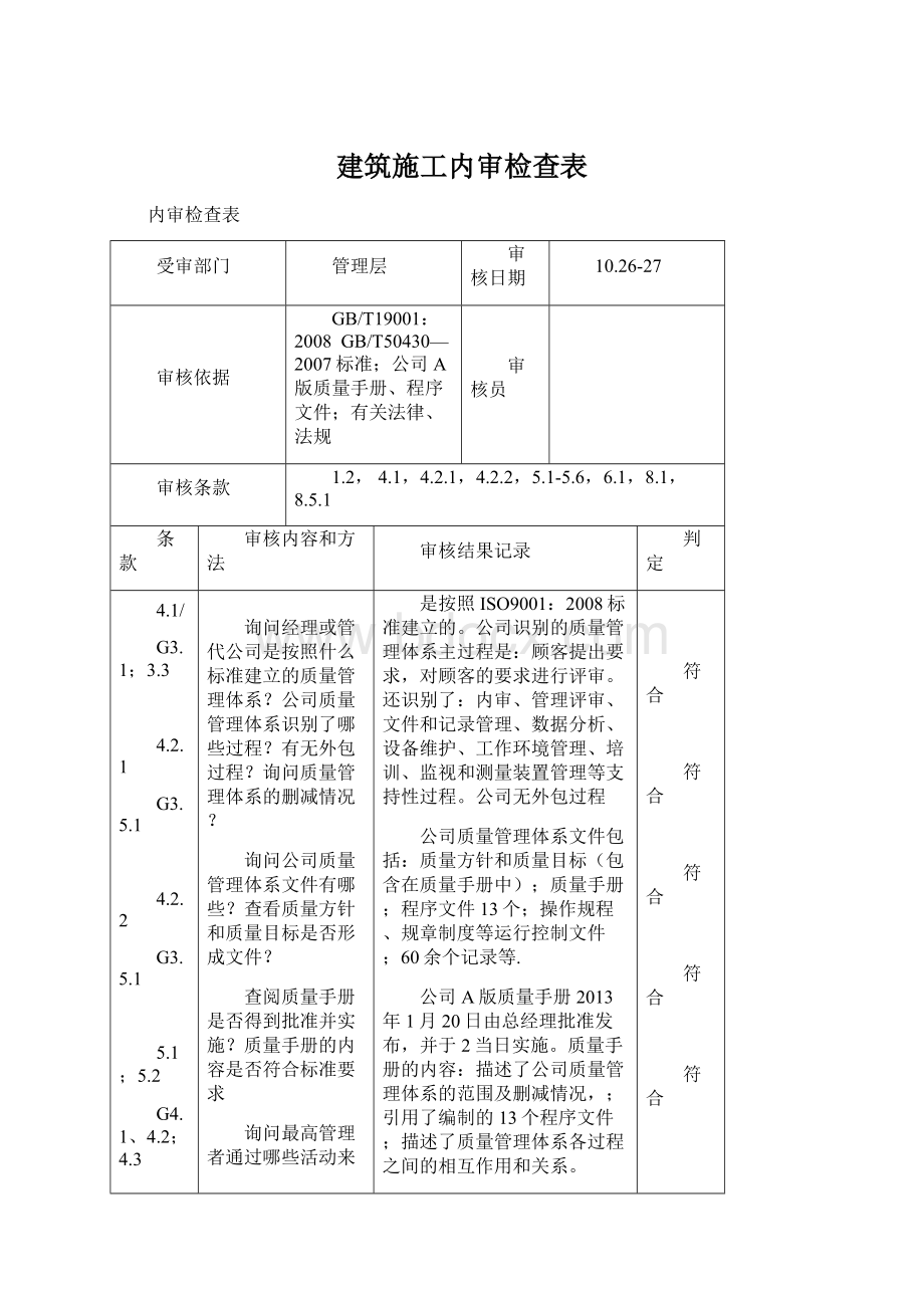 建筑施工内审检查表Word格式.docx