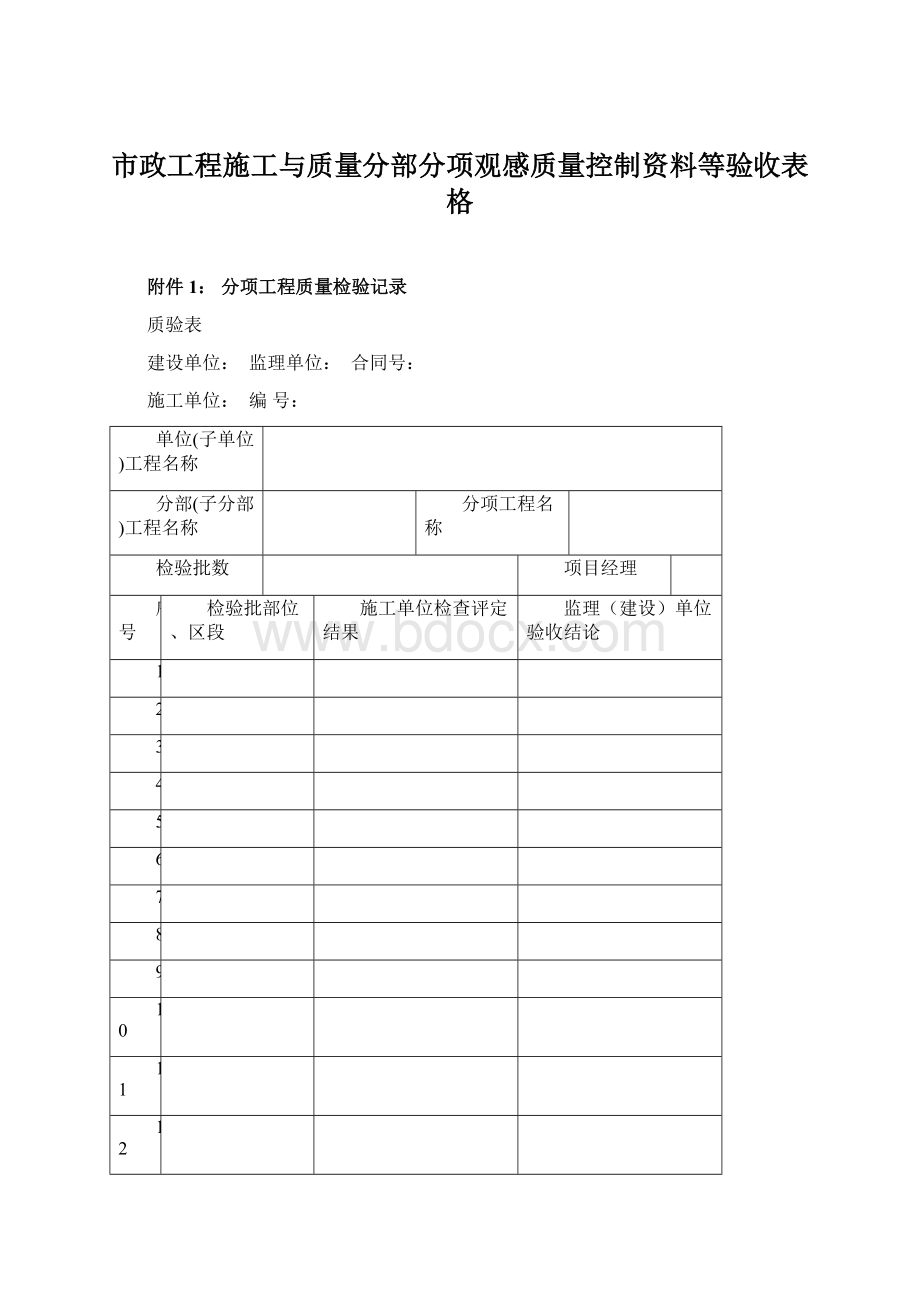 市政工程施工与质量分部分项观感质量控制资料等验收表格.docx