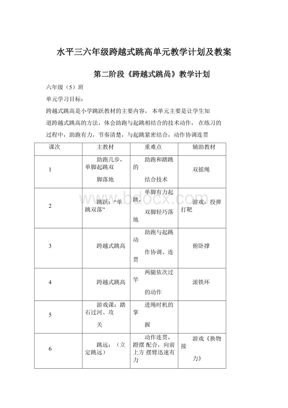 水平三六年级跨越式跳高单元教学计划及教案Word文档格式.docx