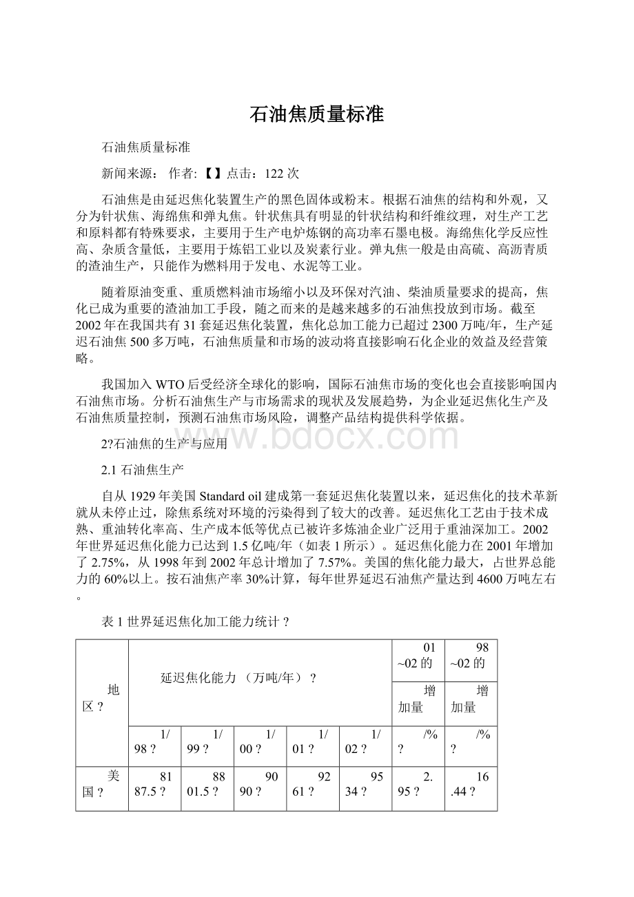 石油焦质量标准Word下载.docx