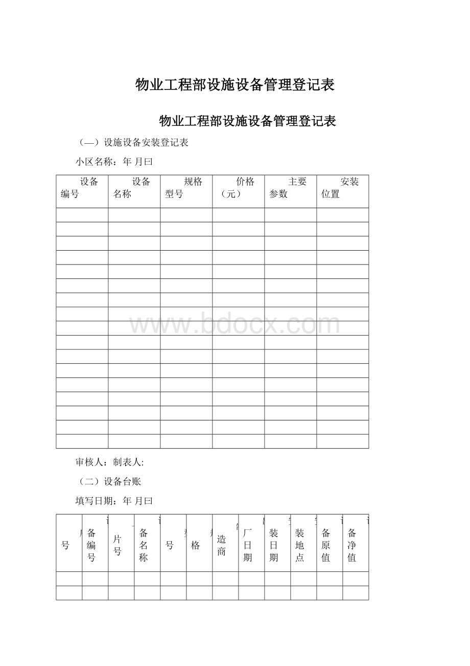 物业工程部设施设备管理登记表Word下载.docx