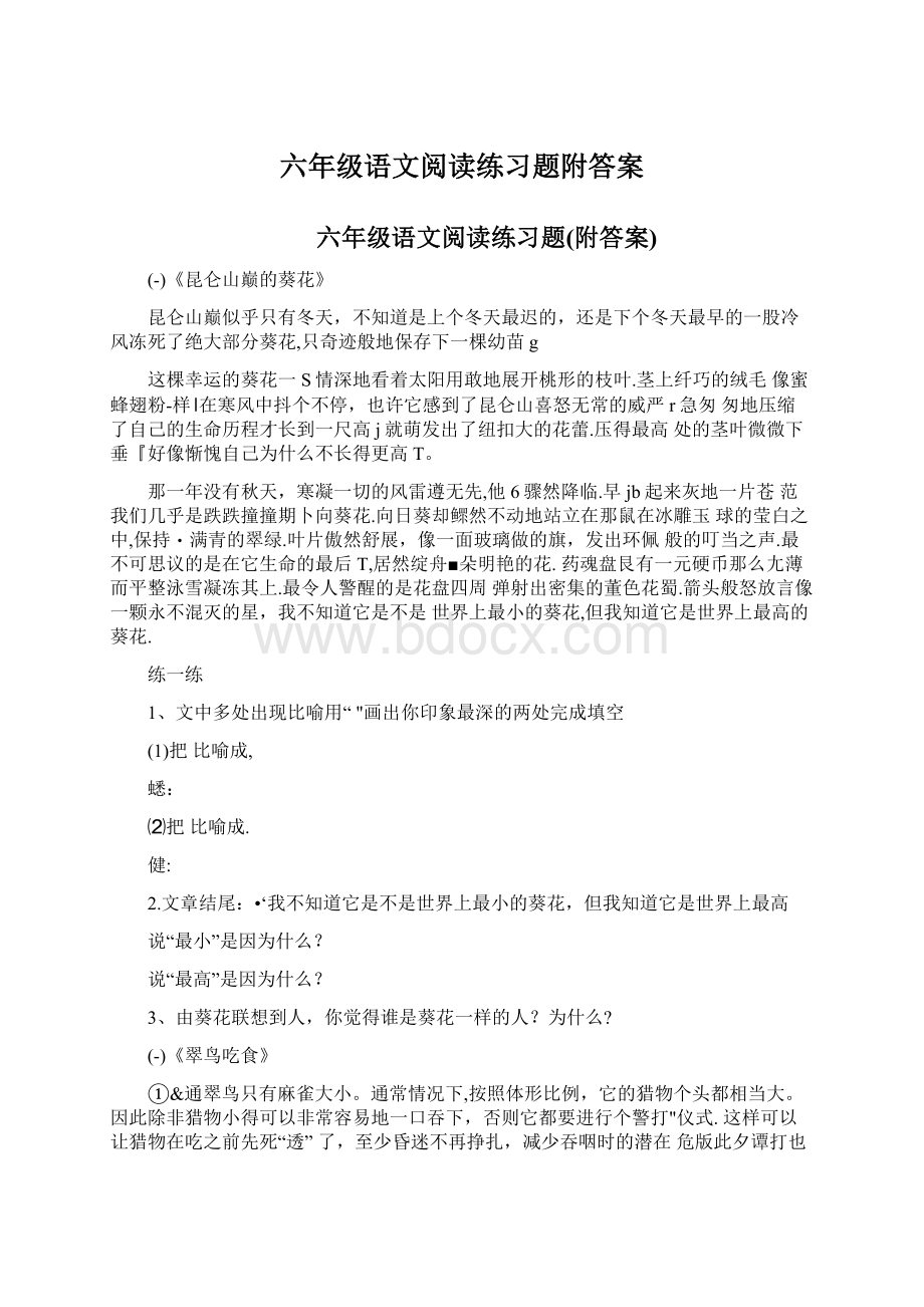 六年级语文阅读练习题附答案文档格式.docx