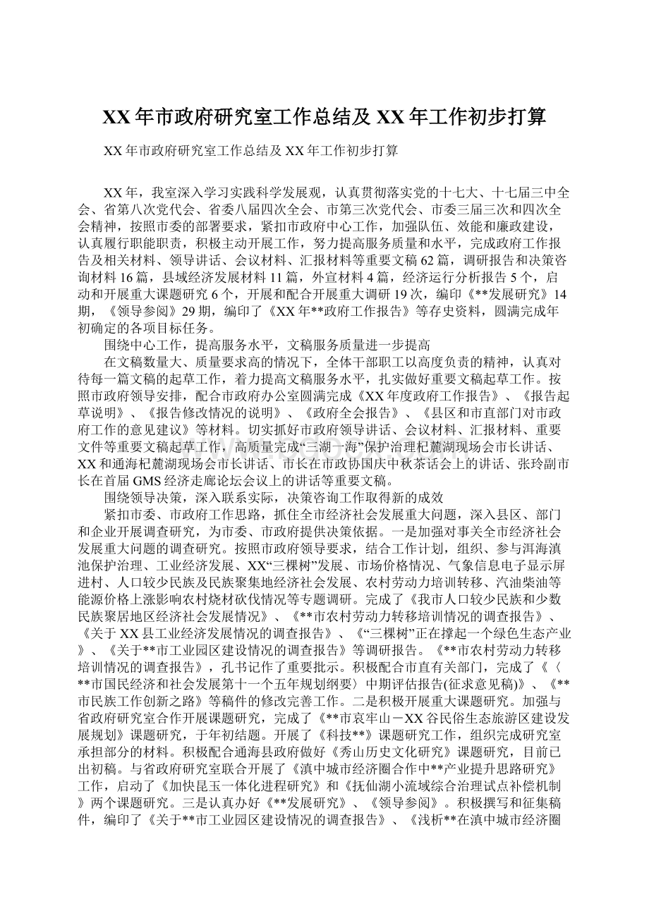 XX年市政府研究室工作总结及XX年工作初步打算Word格式.docx