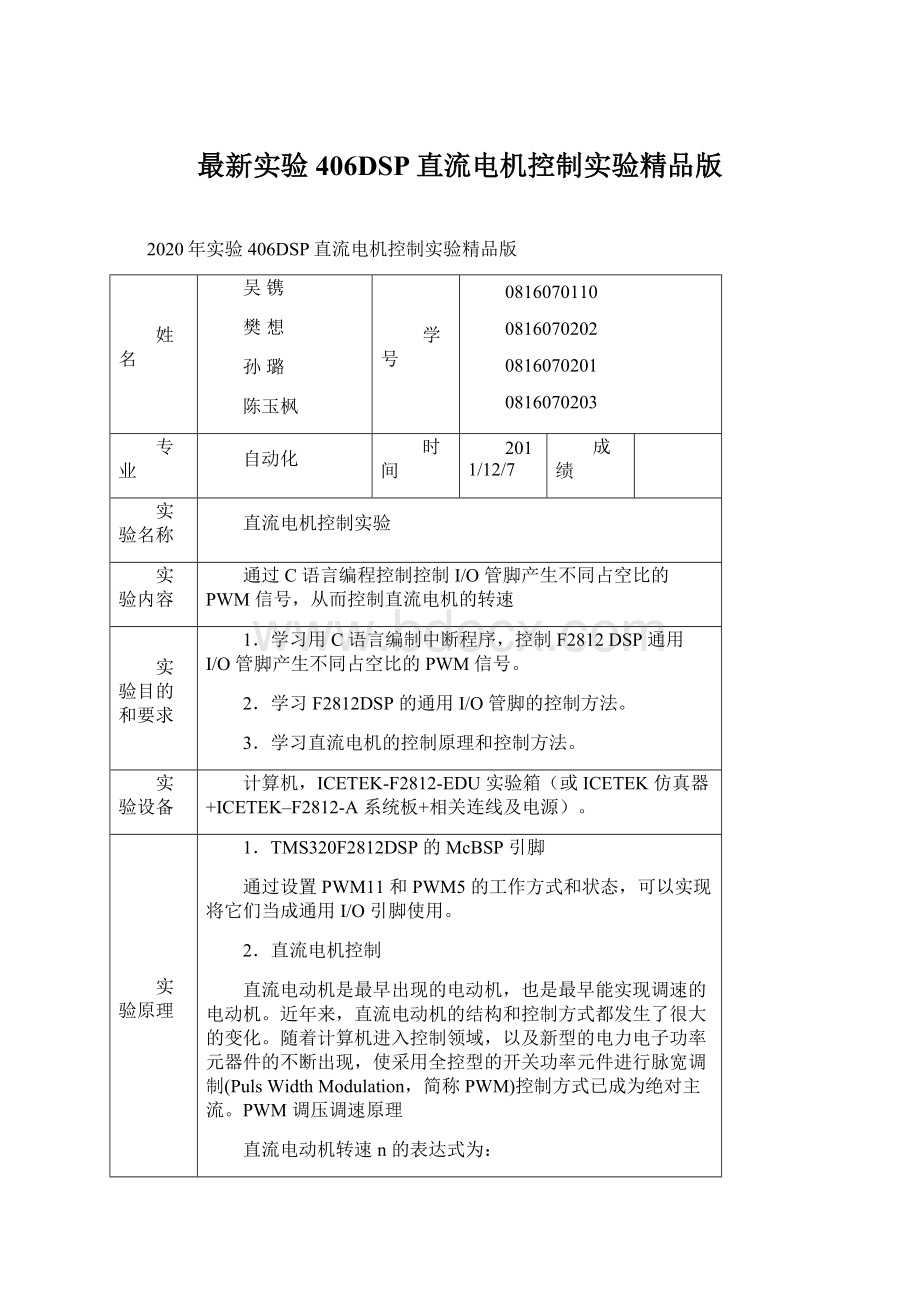 最新实验406DSP直流电机控制实验精品版Word文档下载推荐.docx_第1页