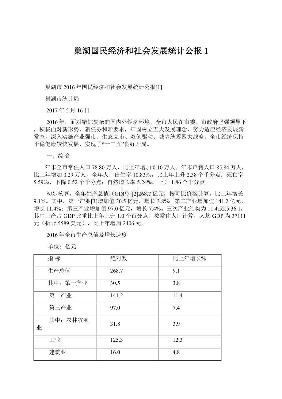 巢湖国民经济和社会发展统计公报1Word文档格式.docx_第1页