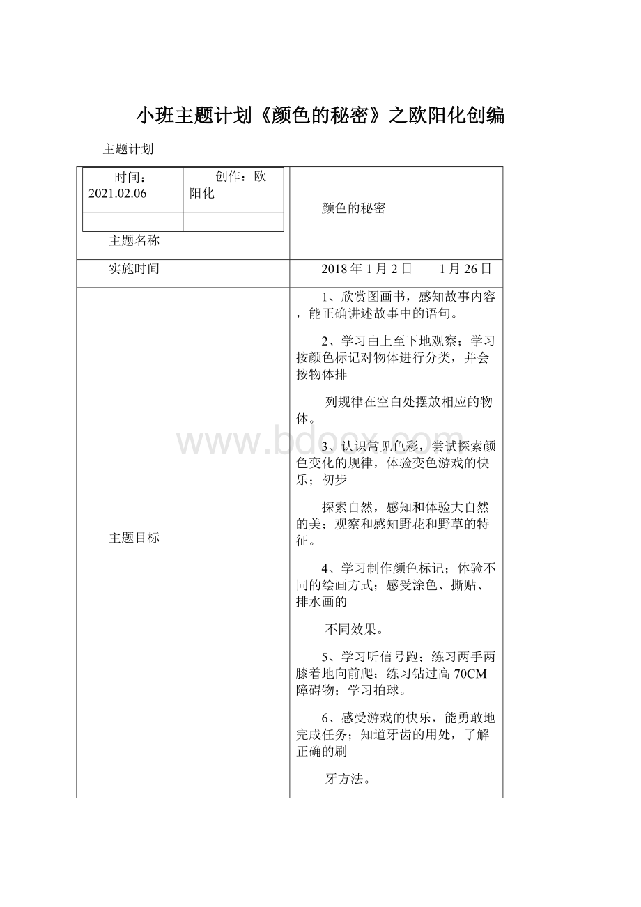 小班主题计划《颜色的秘密》之欧阳化创编Word下载.docx_第1页