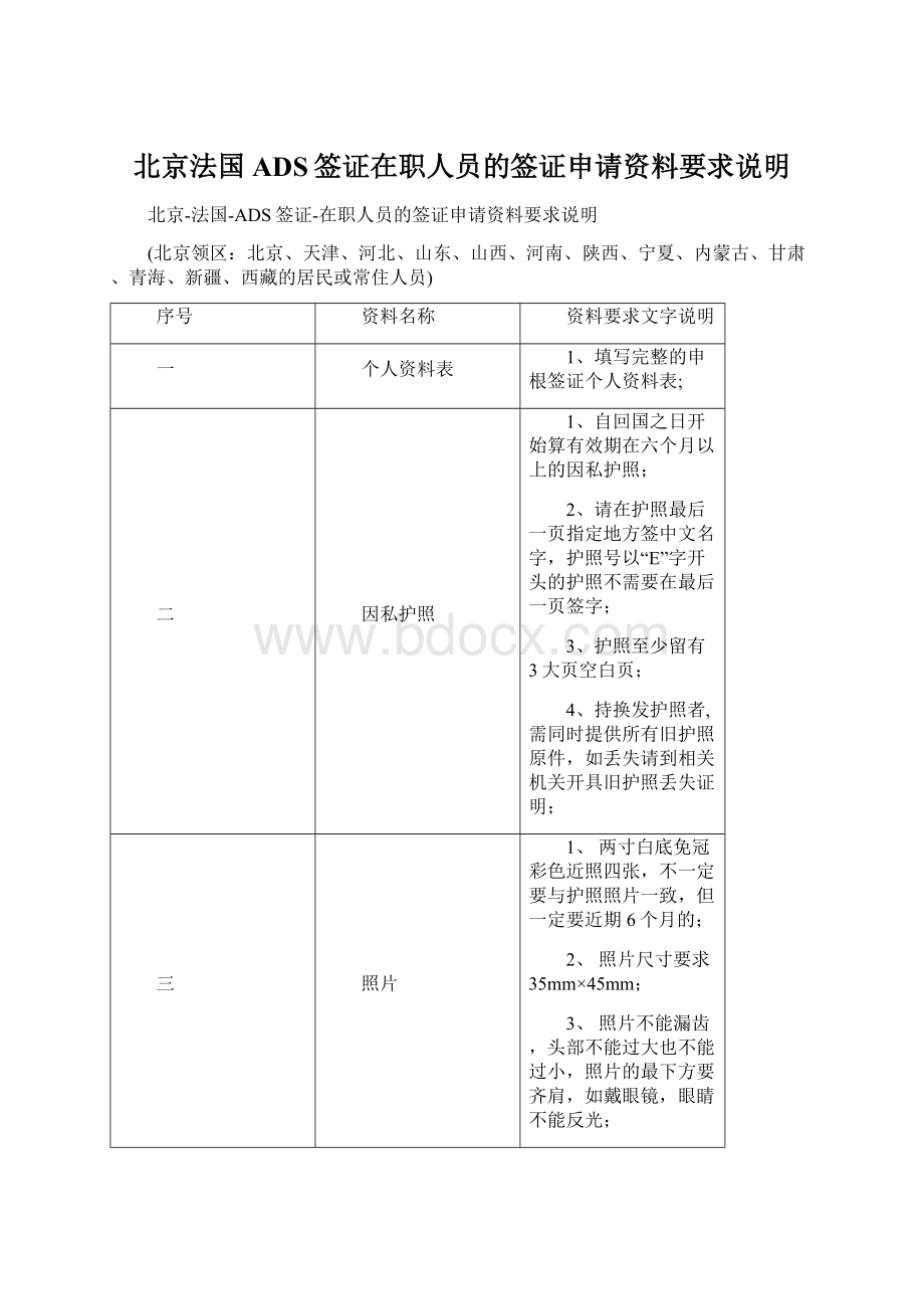 北京法国ADS签证在职人员的签证申请资料要求说明文档格式.docx_第1页