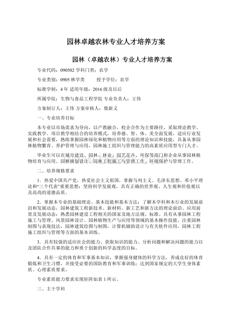 园林卓越农林专业人才培养方案.docx_第1页