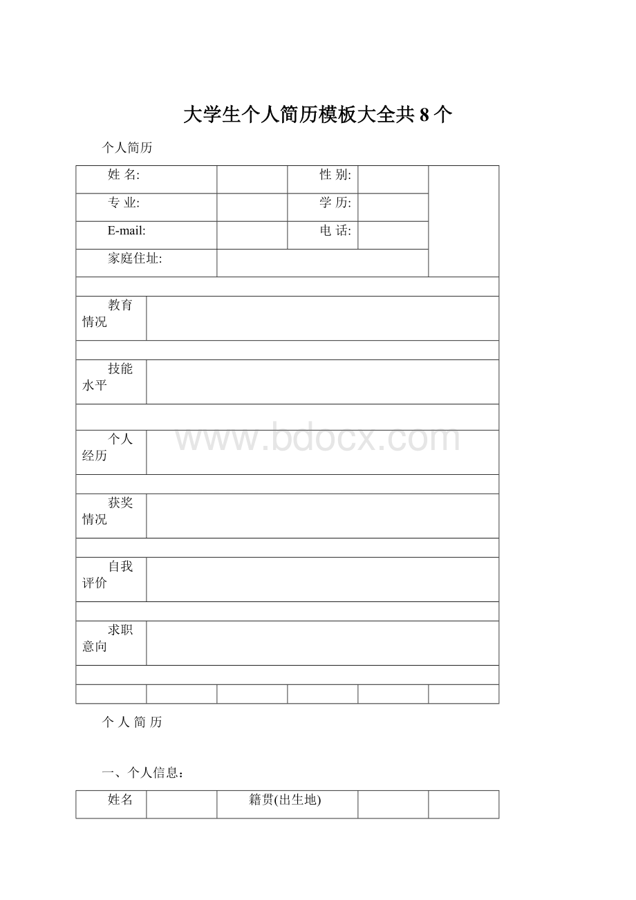 大学生个人简历模板大全共8个Word文档下载推荐.docx