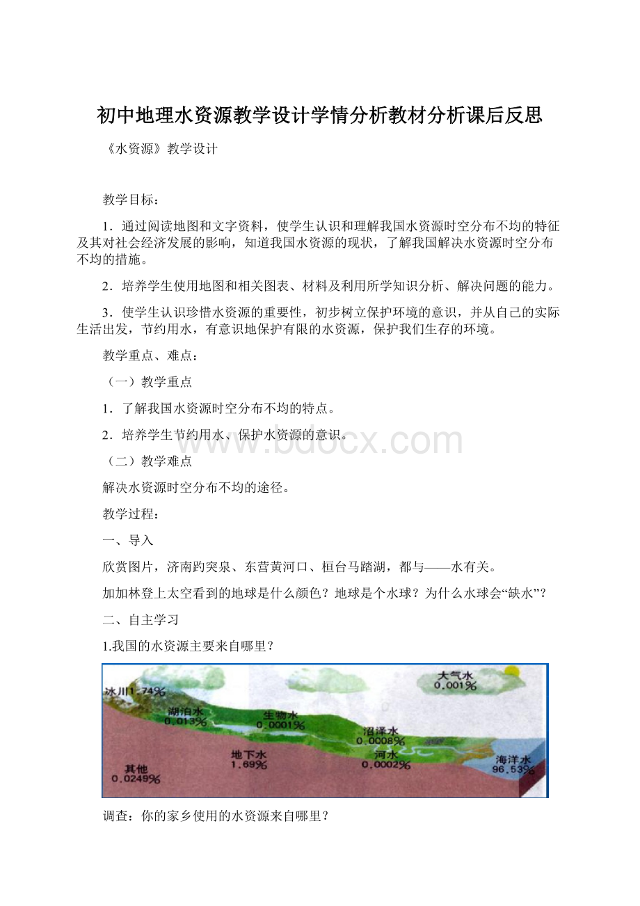 初中地理水资源教学设计学情分析教材分析课后反思.docx