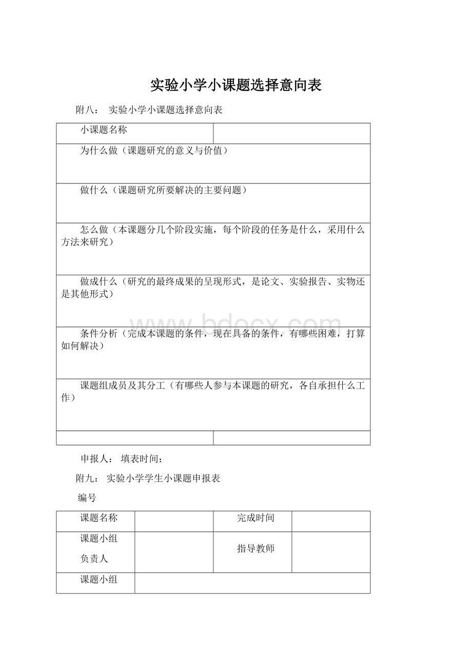 实验小学小课题选择意向表Word格式.docx