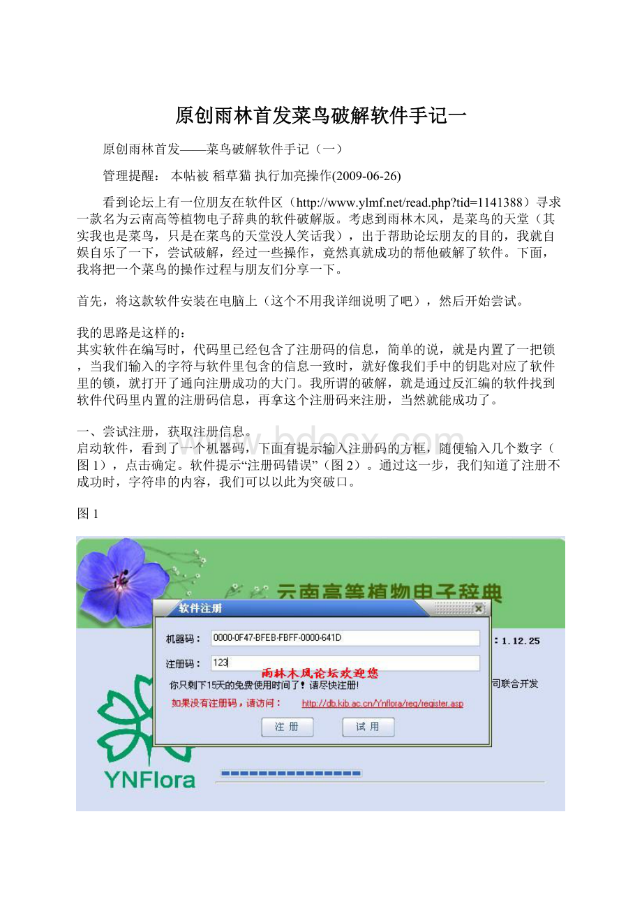 原创雨林首发菜鸟破解软件手记一Word文档下载推荐.docx