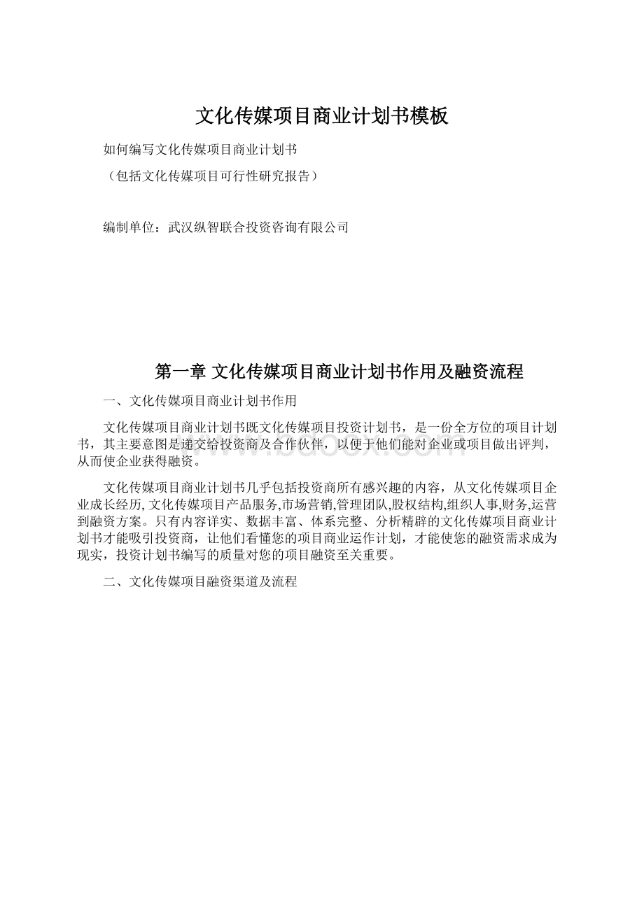 文化传媒项目商业计划书模板Word格式文档下载.docx_第1页