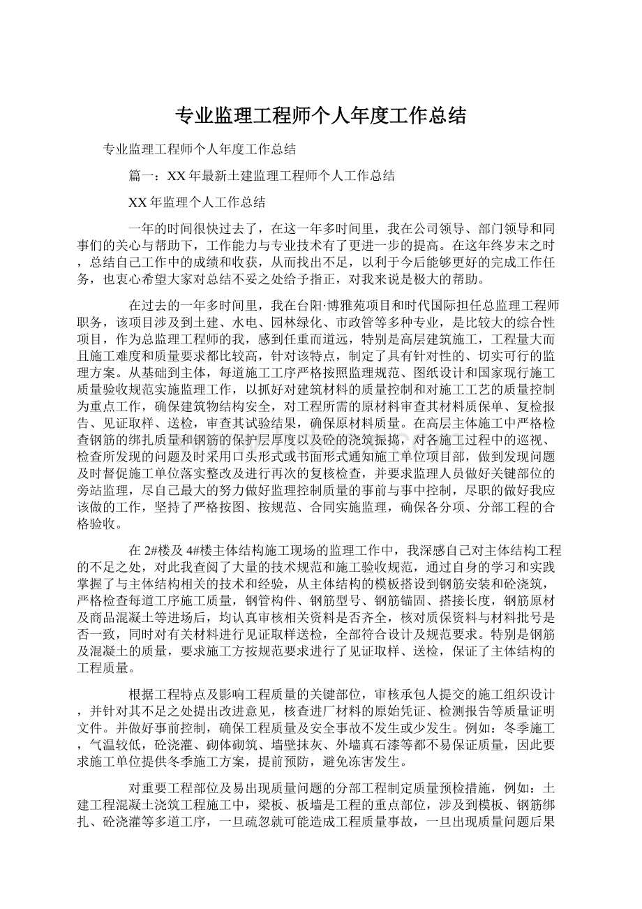 专业监理工程师个人年度工作总结.docx