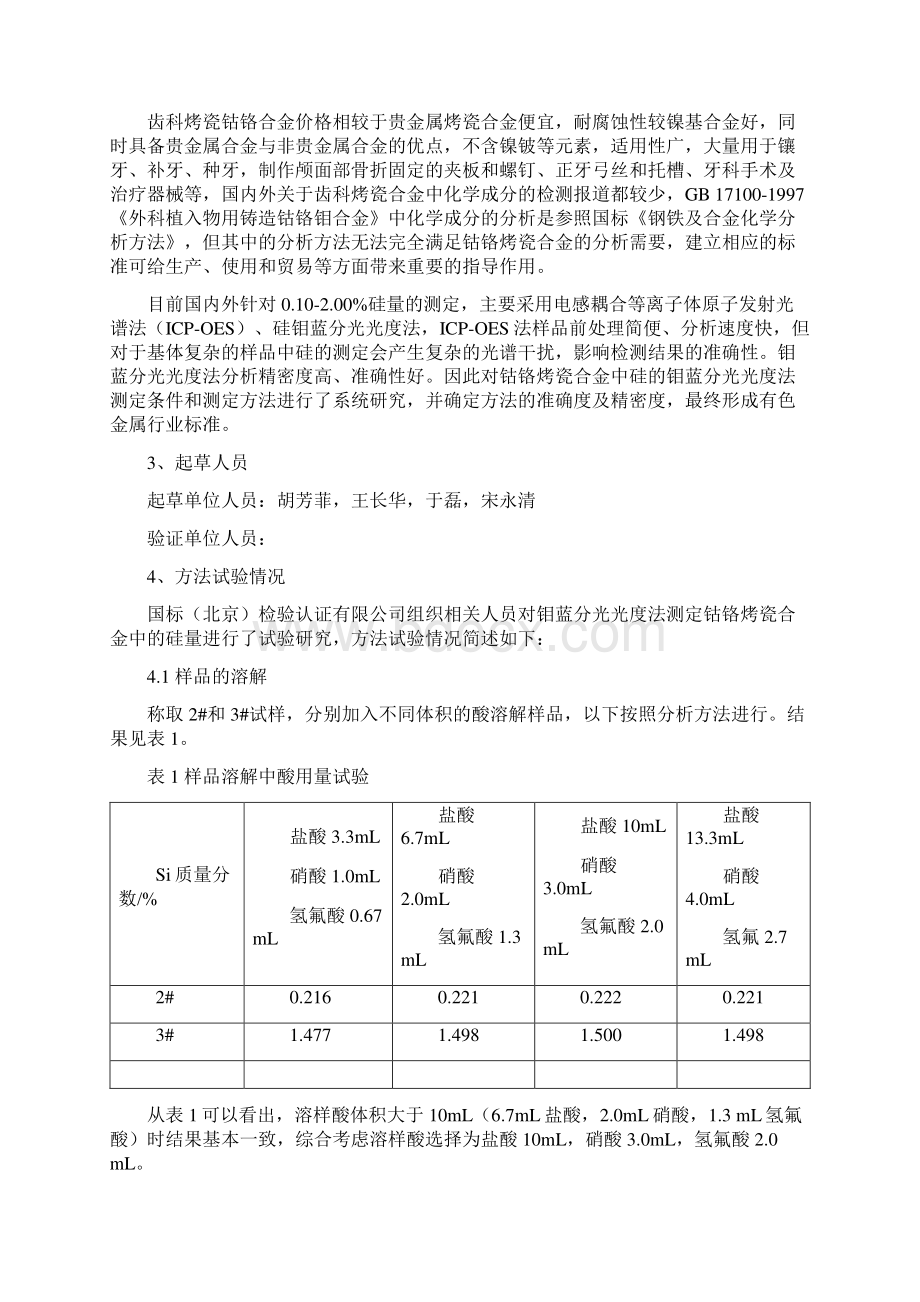 行业标准《钴铬烤瓷合金化学分析方法 第3部分硅量的测定》送审稿编制说明Word文档下载推荐.docx_第3页