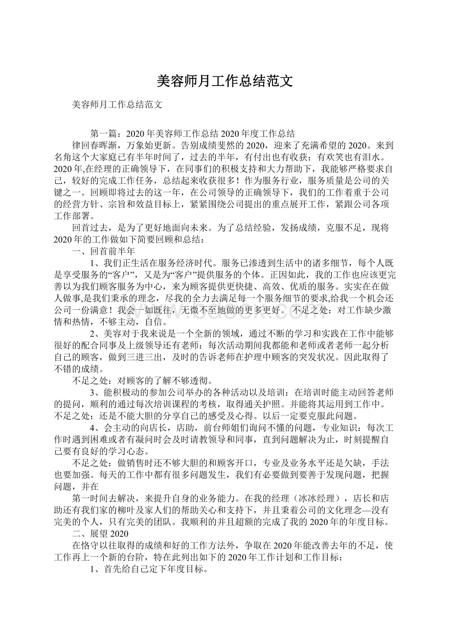 美容师月工作总结范文Word文档下载推荐.docx