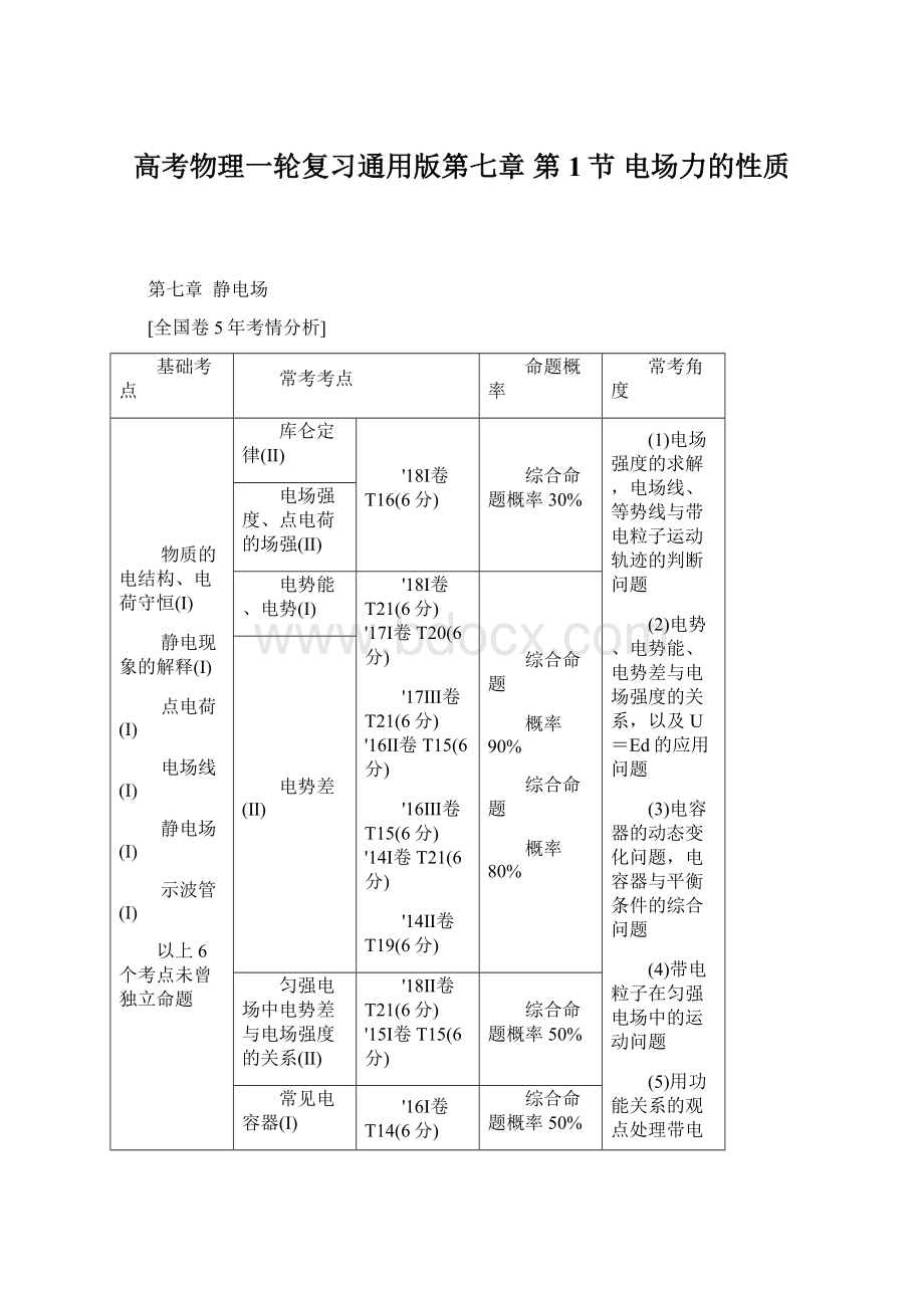 高考物理一轮复习通用版第七章第1节电场力的性质.docx