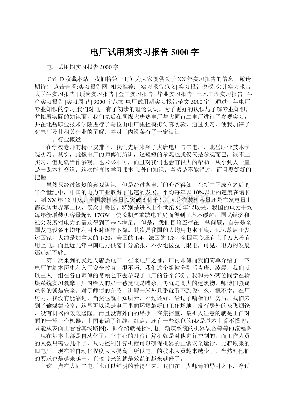 电厂试用期实习报告5000字文档格式.docx