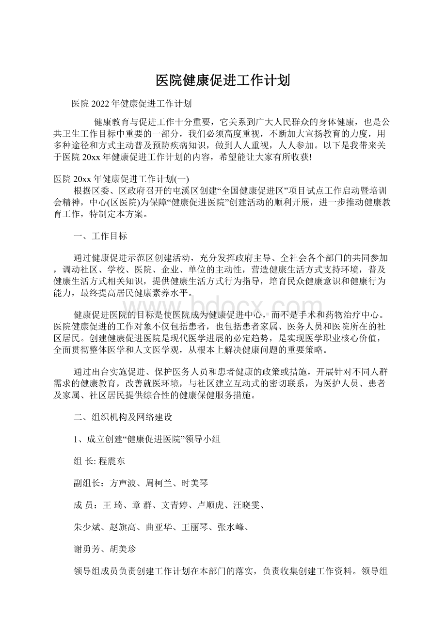 医院健康促进工作计划Word文件下载.docx_第1页