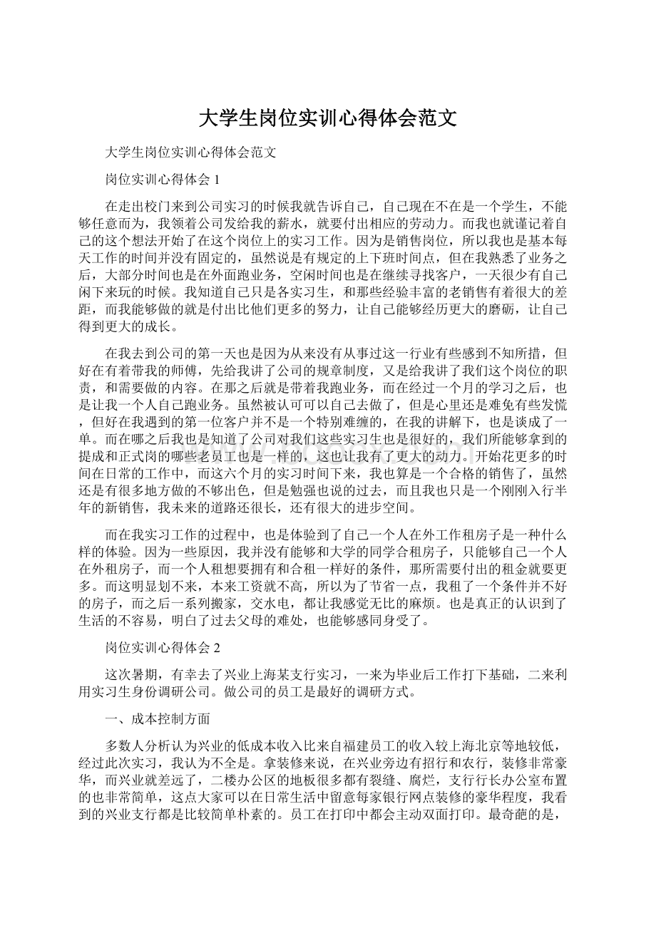 大学生岗位实训心得体会范文Word格式文档下载.docx_第1页