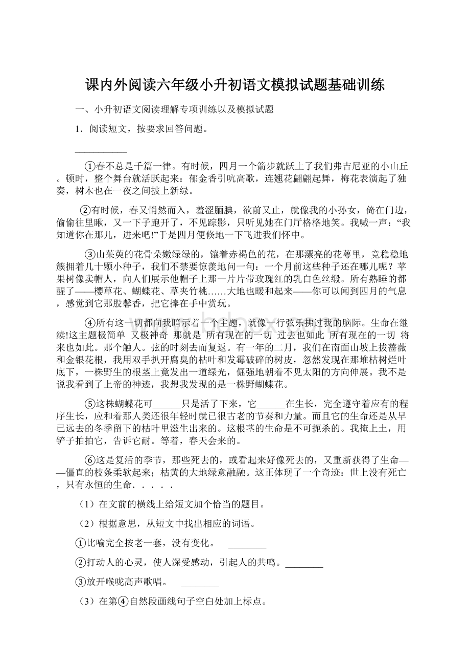 课内外阅读六年级小升初语文模拟试题基础训练.docx