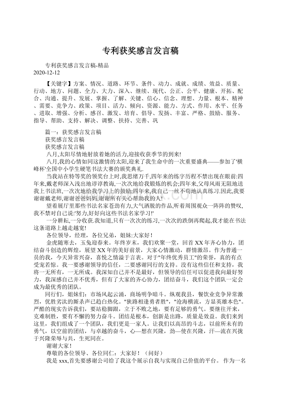 专利获奖感言发言稿文档格式.docx