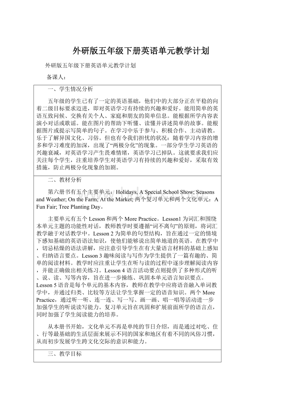 外研版五年级下册英语单元教学计划.docx_第1页