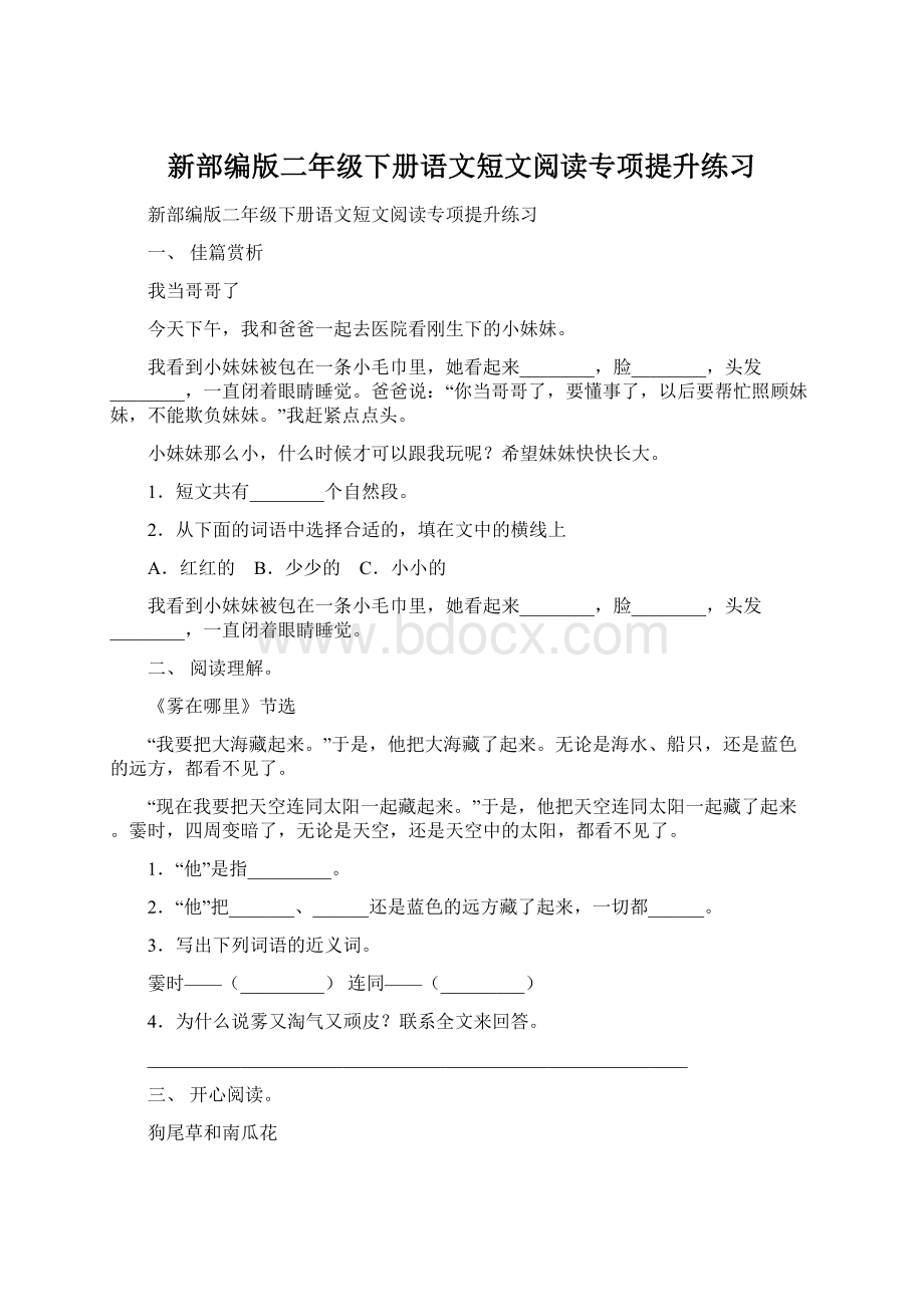 新部编版二年级下册语文短文阅读专项提升练习Word下载.docx_第1页