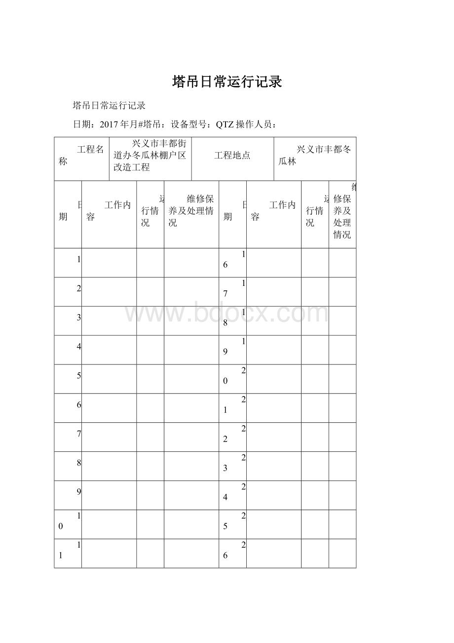 塔吊日常运行记录Word下载.docx