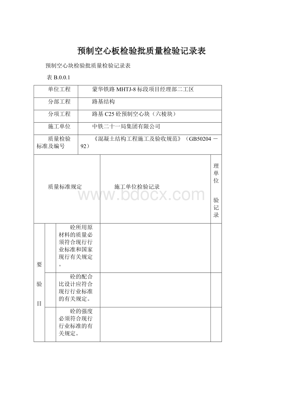 预制空心板检验批质量检验记录表.docx_第1页