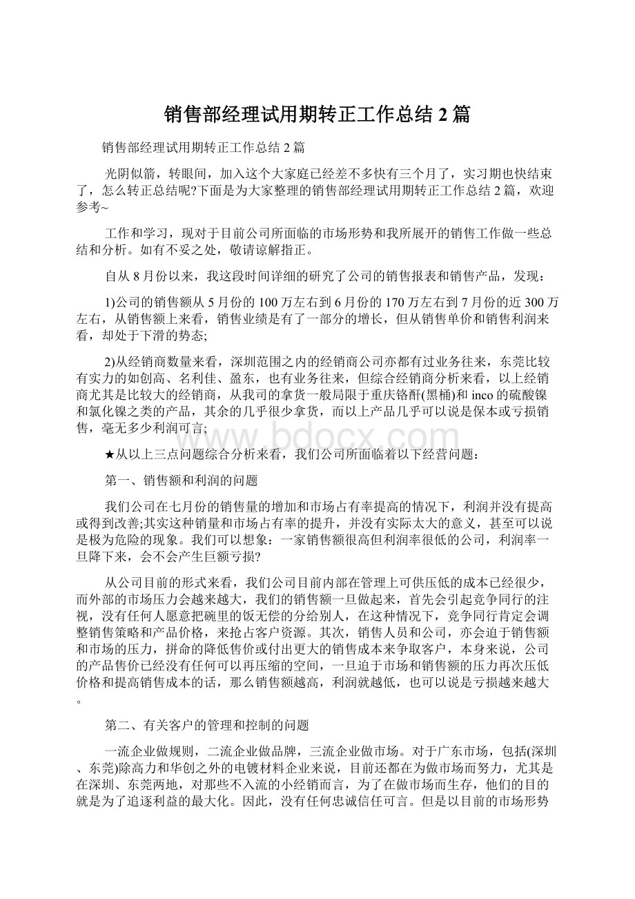 销售部经理试用期转正工作总结2篇文档格式.docx