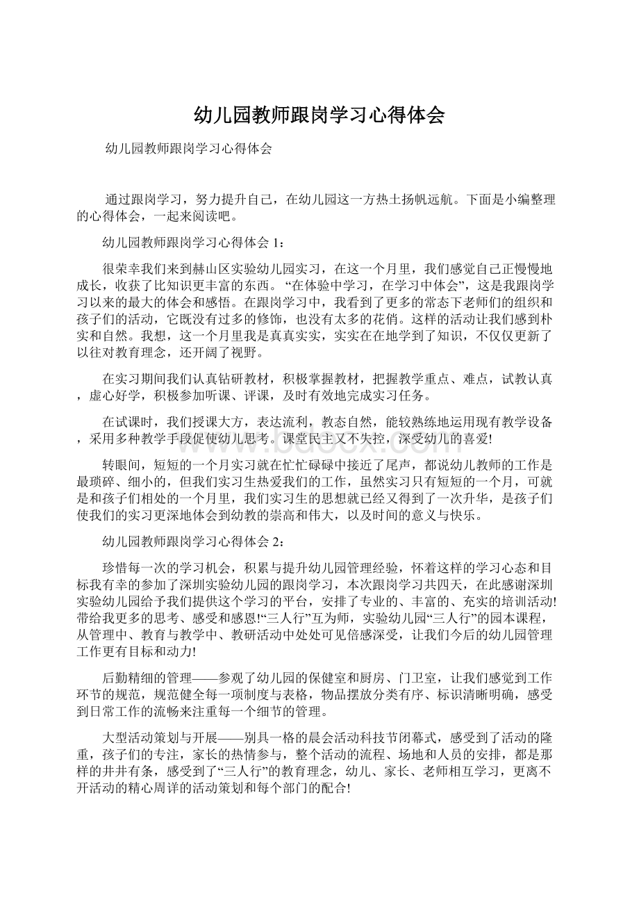 幼儿园教师跟岗学习心得体会Word文档下载推荐.docx