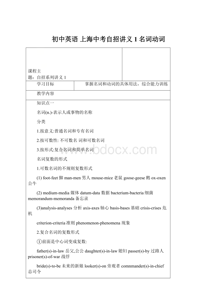 初中英语 上海中考自招讲义1名词动词.docx